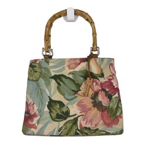 Fossil Floral Bamboo Handle Satchel‎ Handbag Canvas Tropical Bloom